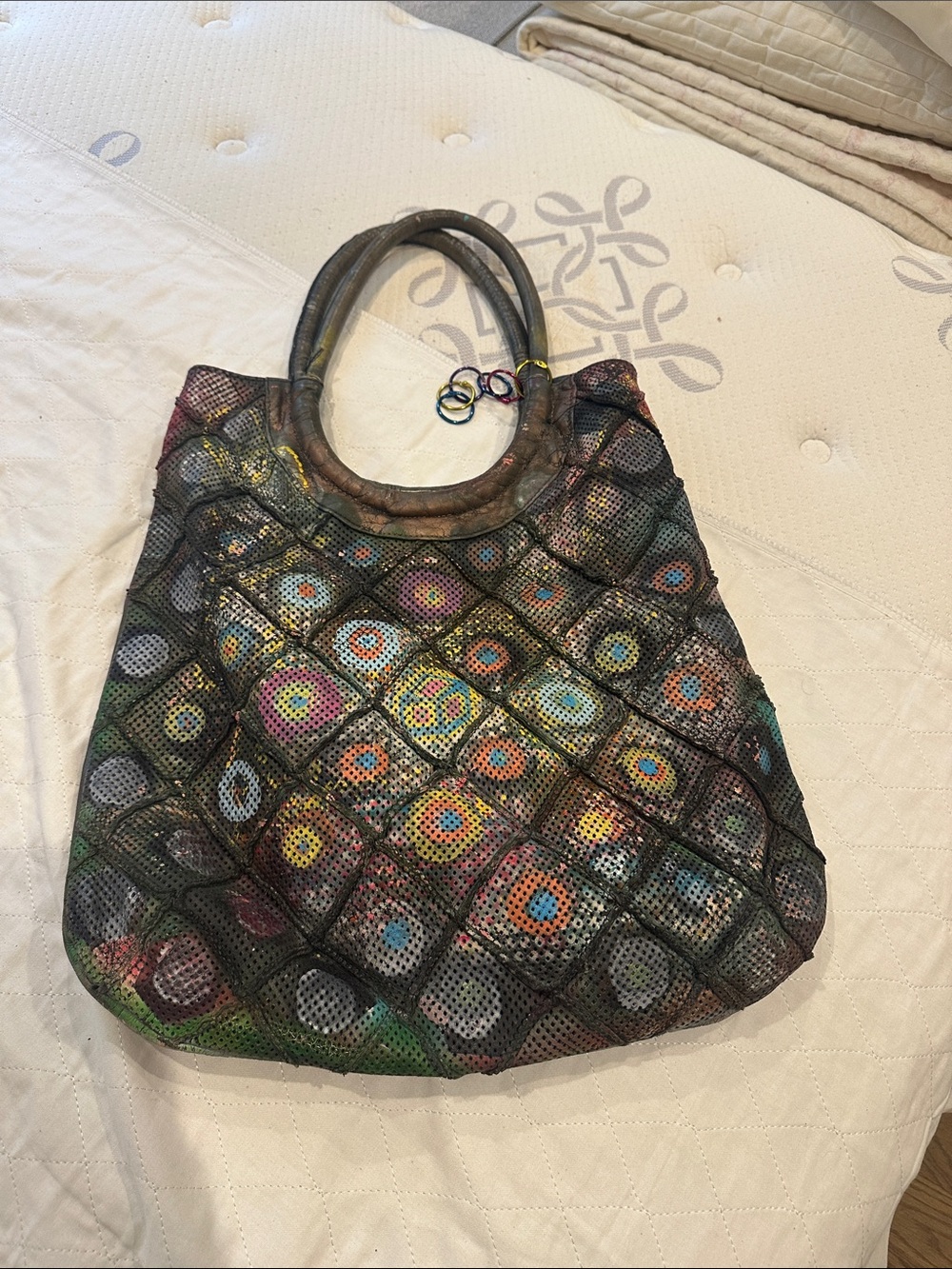 Anthropologie Black Mesh Tote with Multicolor Circular Pattern
